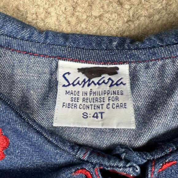 Vtg 90s Samara Girls 4T Cotton Chambray Embroidered Sailor Collar Ruffle Dress - Picture 3 of 3